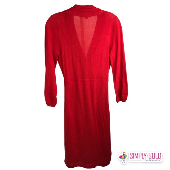 Boden Women's A-Line Midi Dress Wool Wrap Bell Sleeve Pleated V-Neck Red Sz 4R - Picture 2 of 10